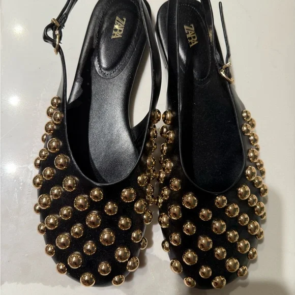 Zara Black and Gold Studded Flats - Picture 2 of 3